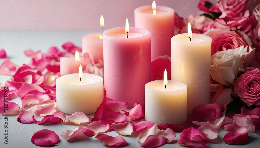 3D rendered candles and rose petals in a tranquil composition, evoking a serene and cozy vibe with the flickering light and gentle ambiance. 3D rendered candles and rose petals in a tranquil composition, evoking a serene and cozy vibe with the flickering light and gentle ambiance.