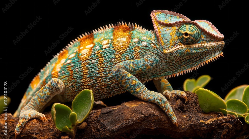 A beautifully colored chameleon Furcifer rests on a branch surrounded by green foliage. Its intricate patterns and bright hues create a stunning display of nature's artistry A beautifully colored chameleon Furcifer rests on a branch surrounded by green foliage. Its intricate patterns and bright hues create a stunning display of nature's artistry