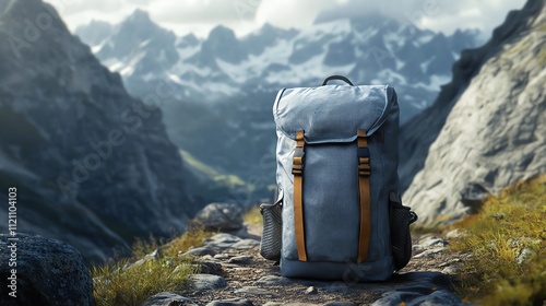 Hiking backpack in stunning mountain landscape. photo