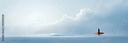 A lone surfer stands on a serene beach, gazing at gentle waves under a soft, cloudy sky.