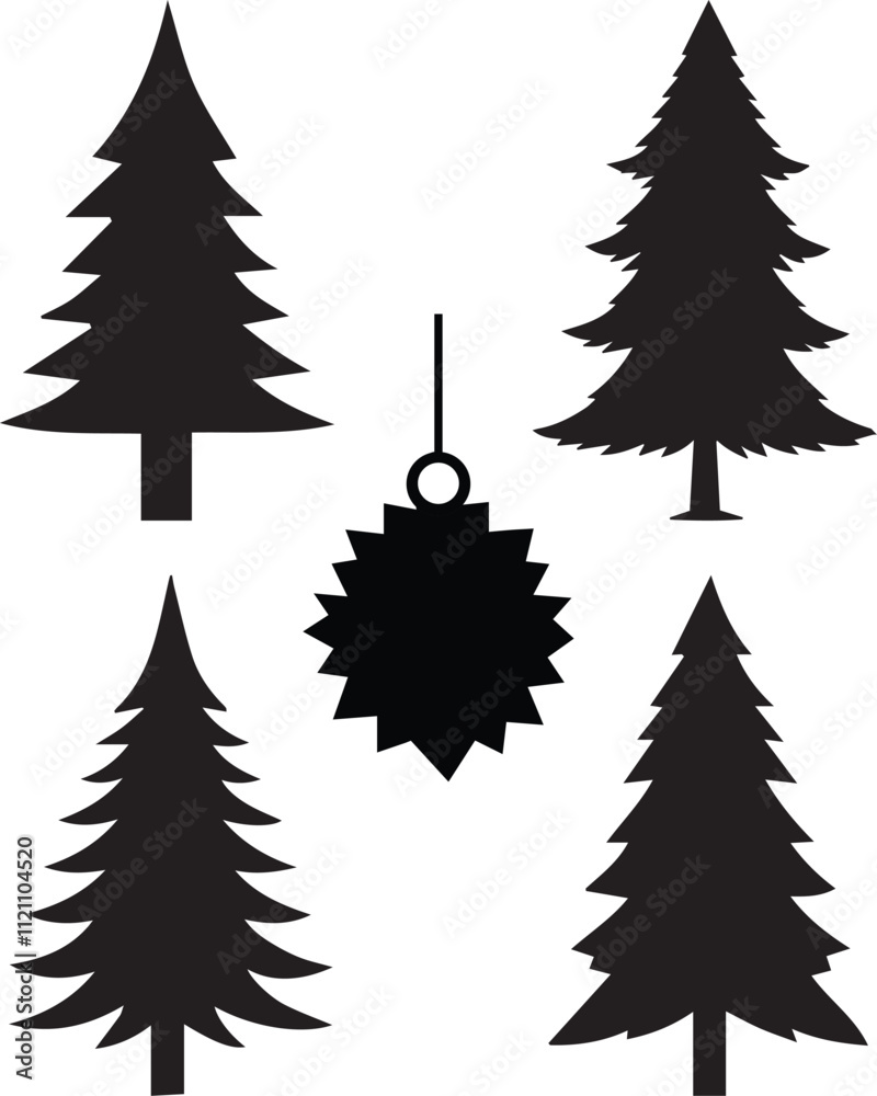 Obraz premium Set of black christmas tree on white background silhouette vector illustration.