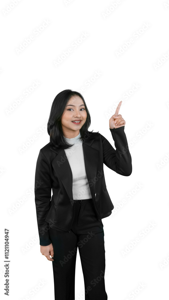 Confident Businesswoman Pointing Upward with a Smile Confident Businesswoman Pointing Upward with a Smile