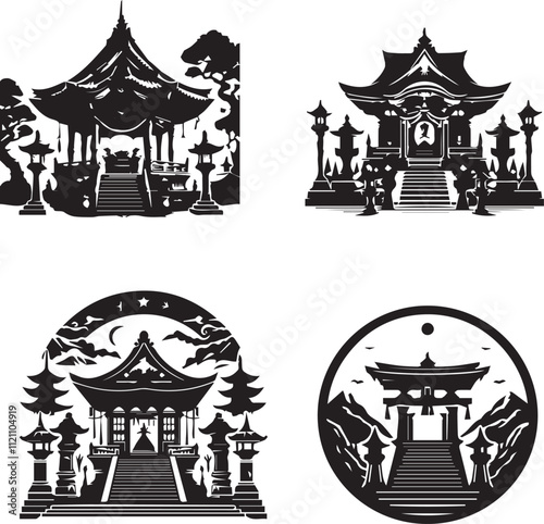 japanese temple, silhouette of shrine