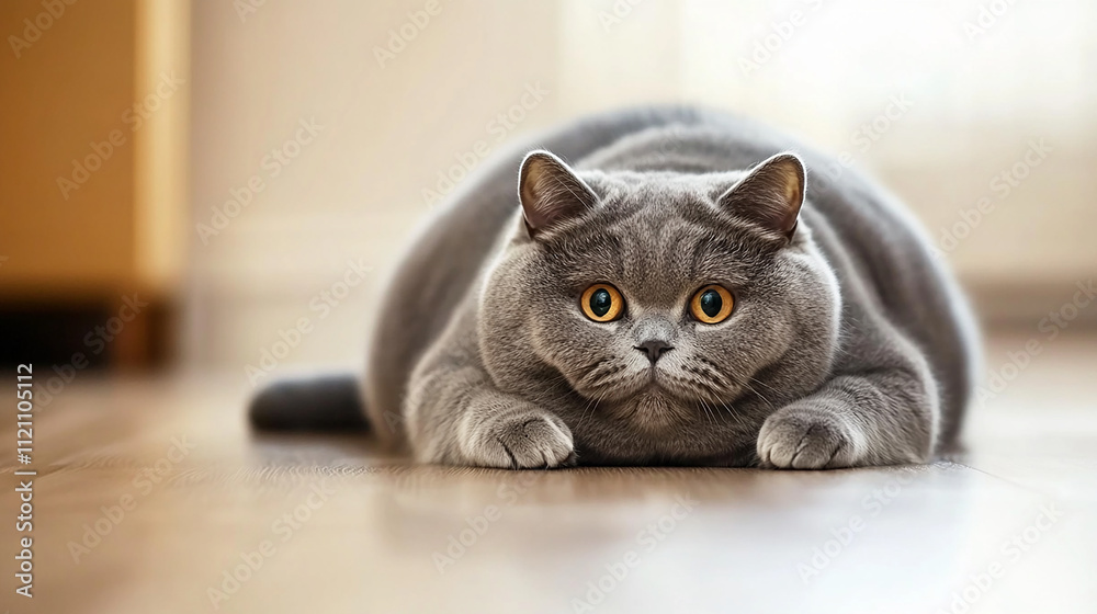 Obraz premium 床に伏せる丸々とした猫