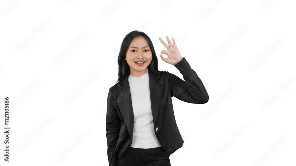 Confident Businesswoman Smiling and Gesturing OK Sign on White Background Confident Businesswoman Smiling and Gesturing OK Sign on White Background