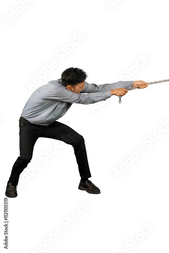 Determined Man Pulling a Chain in Effortful Action photo