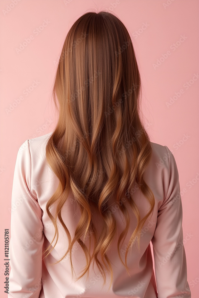 Fototapeta premium Back rear side photo of charming girl show perfect strong wellness hairstyle hairdo after hairdresser therapy coiffure have professional hair coloration isolated over pastel color background