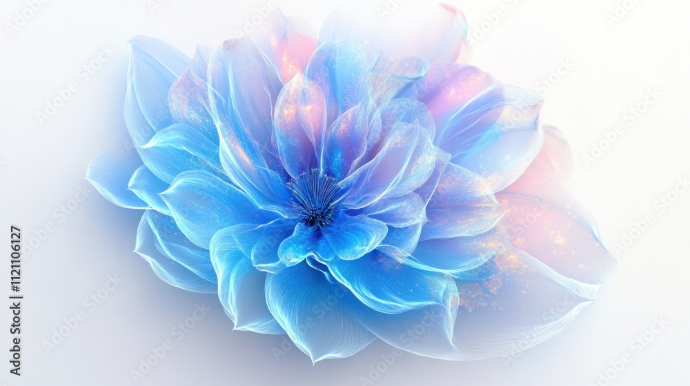 Obraz premium Dreamlike translucent blue flower with soft pink highlights on white background.
