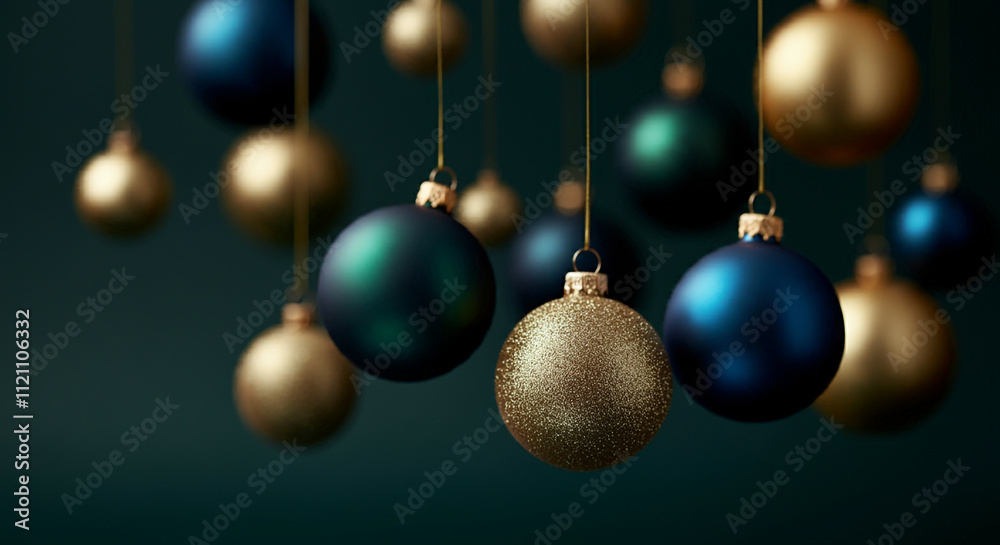 Elegant Christmas baubles in shades of deep blue and gold hanging gracefully, creating a serene and sophisticated holiday ambiance Elegant Christmas baubles in shades of deep blue and gold hanging gracefully, creating a serene and sophisticated holiday ambiance