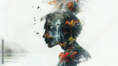 Magical double exposure of a musician’s profile blended with a rich jungle landscape, flowing waterfalls, and colorful tropical birds photo