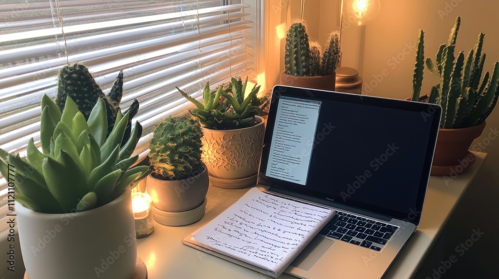 Fototapeta premium A cozy workspace with a laptop, notes, and various potted plants.