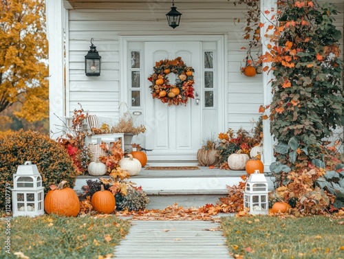 Autumn porch decor with pumpkins and fall leaves. AI. photo