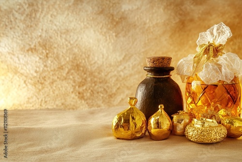 three golden gifts representing gold frankincense and myrrh arranged elegantly on smooth background with copy space