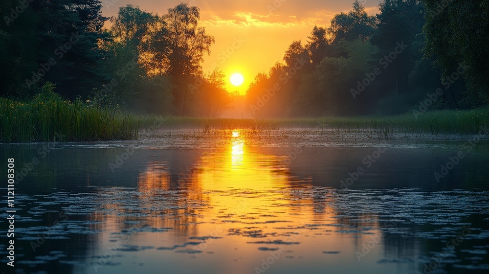 Serene Sunset Over Calm River Surrounded by Lush Green Trees and Reflective Water, Capturing the Beauty of Nature and Tranquility at Dusk Serene Sunset Over Calm River Surrounded by Lush Green Trees and Reflective Water, Capturing the Beauty of Nature and Tranquility at Dusk