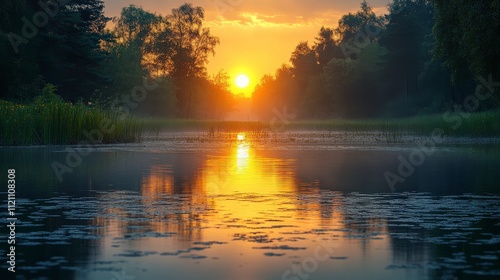 Serene Sunset Over Calm River Surrounded by Lush Green Trees and Reflective Water, Capturing the Beauty of Nature and Tranquility at Dusk