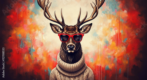 Stylized deer with sunglasses in a holiday setting, blending whimsy and festive cheer in a unique artistic depiction photo