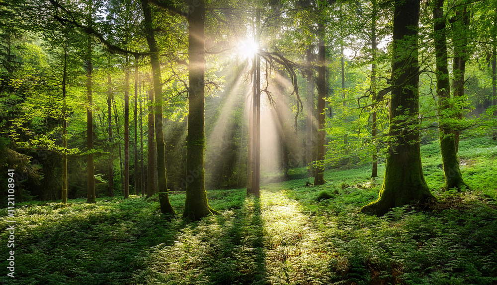 Fototapeta premium Beautiful green forest glade with ancient trees bathed in twinkling sunlight and a soft mist. Captures the serene and untouched beauty of nature, evoking peace and wonder.