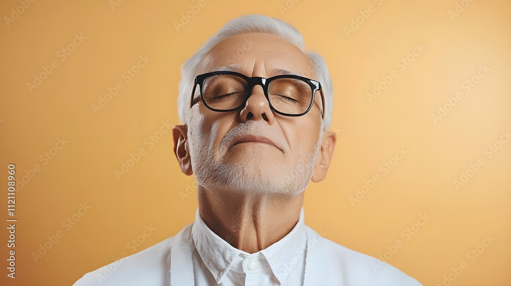Serene elderly man with closed eyes against an orange backdrop Serene elderly man with closed eyes against an orange backdrop