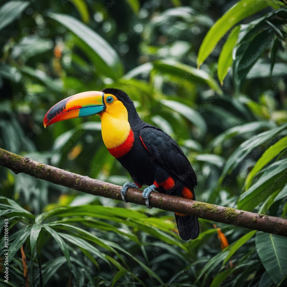 A colorful toucan perched on a branch with lush green jungle foliage. A colorful toucan perched on a branch with lush green jungle foliage.