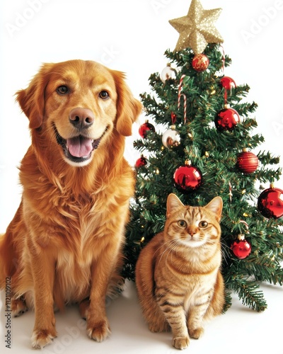 Festive friends by the Christmas tree. AI.
