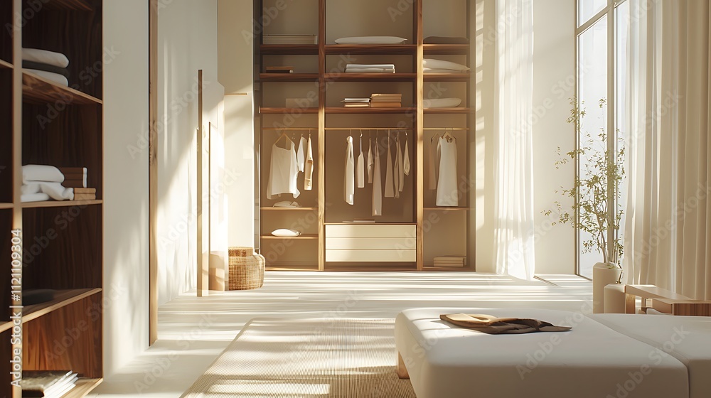 A large room with a white bed and a white dresser A large room with a white bed and a white dresser