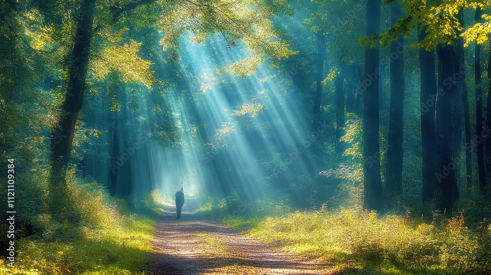 Obraz premium Sunbeams stream through lush forest, lone figure walks path. Perfect for peace, nature, solitude themes; evokes tranquility.