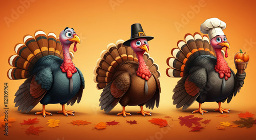 Colorful turkeys wearing pi...