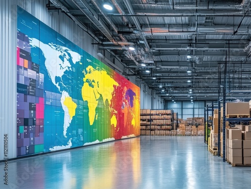 Warehouse operations overview modern facility interior design urban environment wide angle logistics and efficiency insights