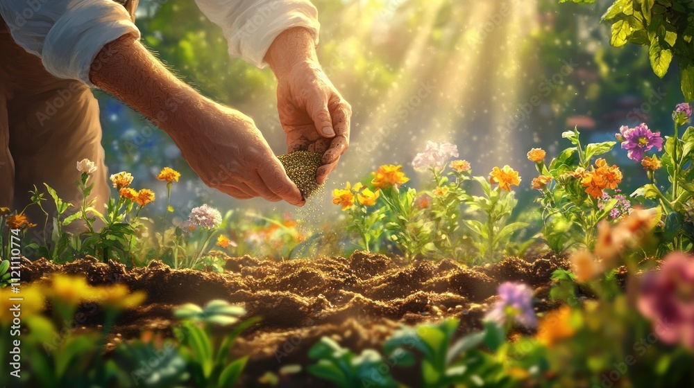 Naklejka premium A person planting seeds in a vibrant garden filled with colorful flowers and sunlight.