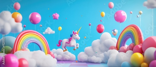 Magical Unicorn Soaring Through Rainbow and Balloon Wonderland