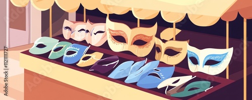 A colorful display of decorative masks for sale at a market stall. photo