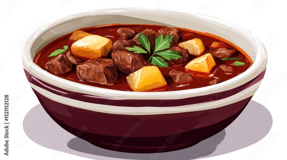 A bowl of hearty beef stew with potatoes and herbs, showcasing a delicious meal. A bowl of hearty beef stew with potatoes and herbs, showcasing a delicious meal.
