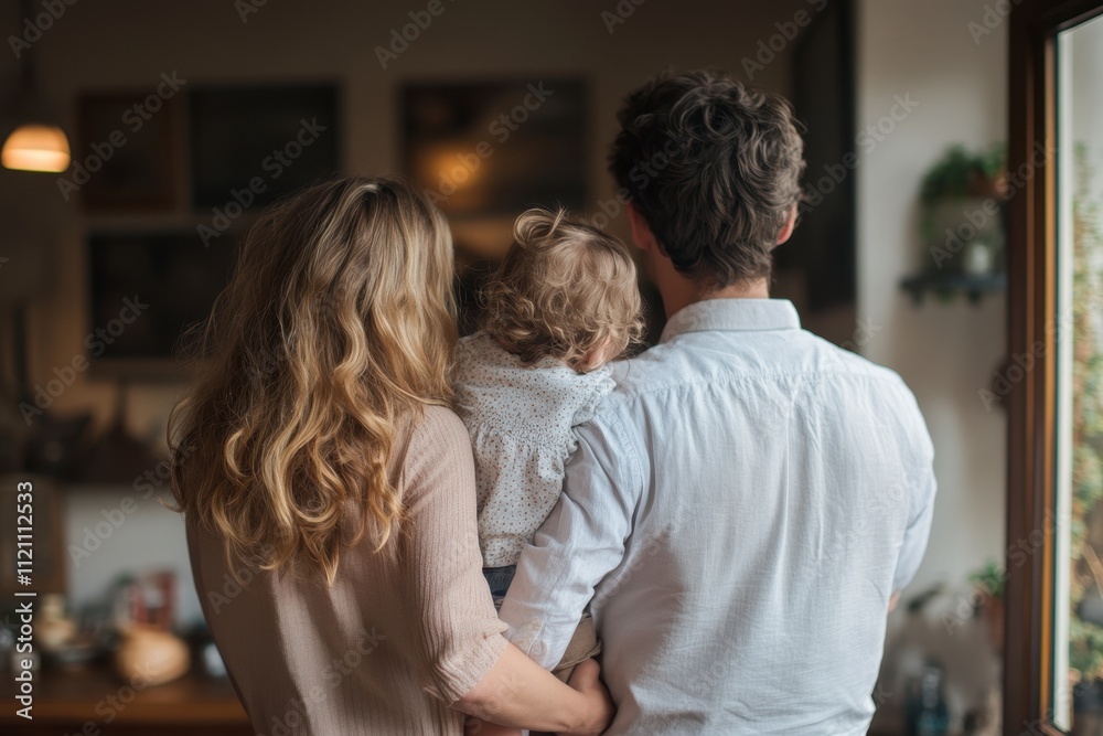 Family standing with their back turned, holding a toddler. Illustrates themes of family, togetherness, and parenthood. Family standing with their back turned, holding a toddler. Illustrates themes of family, togetherness, and parenthood.
