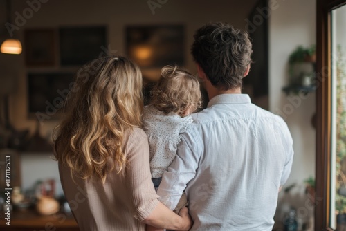 Family standing with their back turned, holding a toddler. Illustrates themes of family, togetherness, and parenthood.