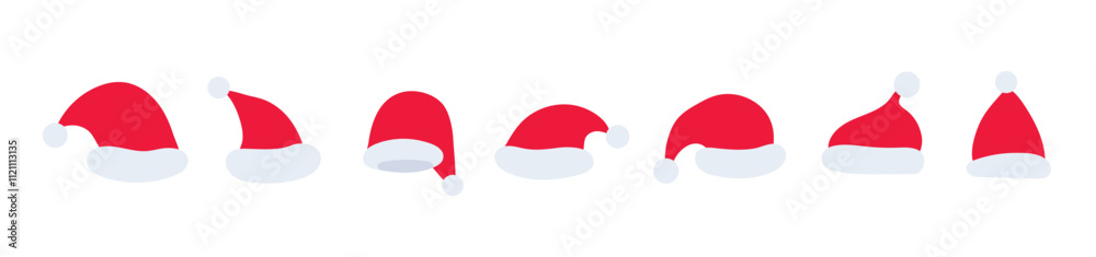 Santa Claus hats set isolated on white background. Vector illustration, simple trendy flat style. Christmas elements collection. Santa Claus hats set isolated on white background. Vector illustration, simple trendy flat style. Christmas elements collection.