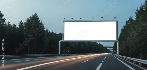 Mock up empty white billboard on the side of highway in forest in the evening. photo