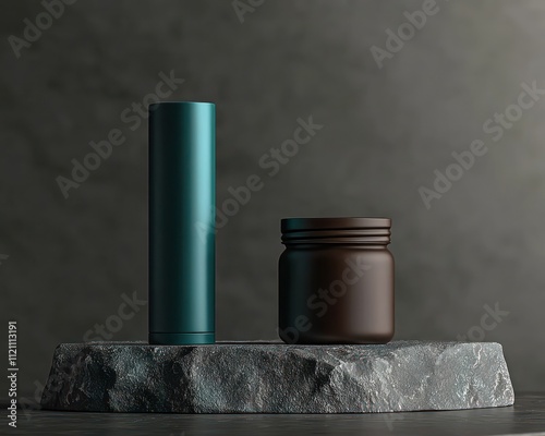 Teal tube and espresso jar placed on a pedestal against a soft gray background.