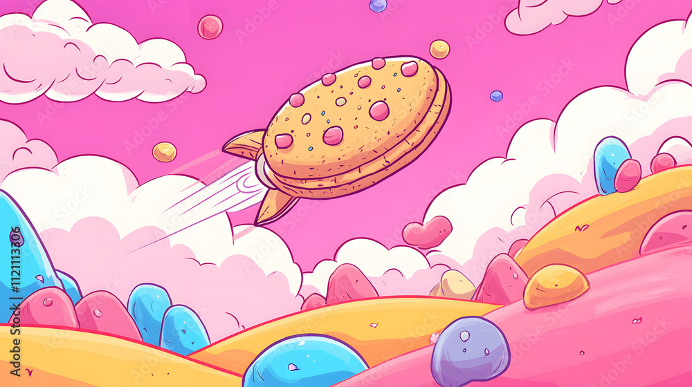 A Delightful Cartoon Scene of a Giant Cookie Spaceship Flying Over a Bright Candy Land Filled with Sugar Clouds and Jellybean Hills for Kids to Color A Delightful Cartoon Scene of a Giant Cookie Spaceship Flying Over a Bright Candy Land Filled with Sugar Clouds and Jellybean Hills for Kids to Color