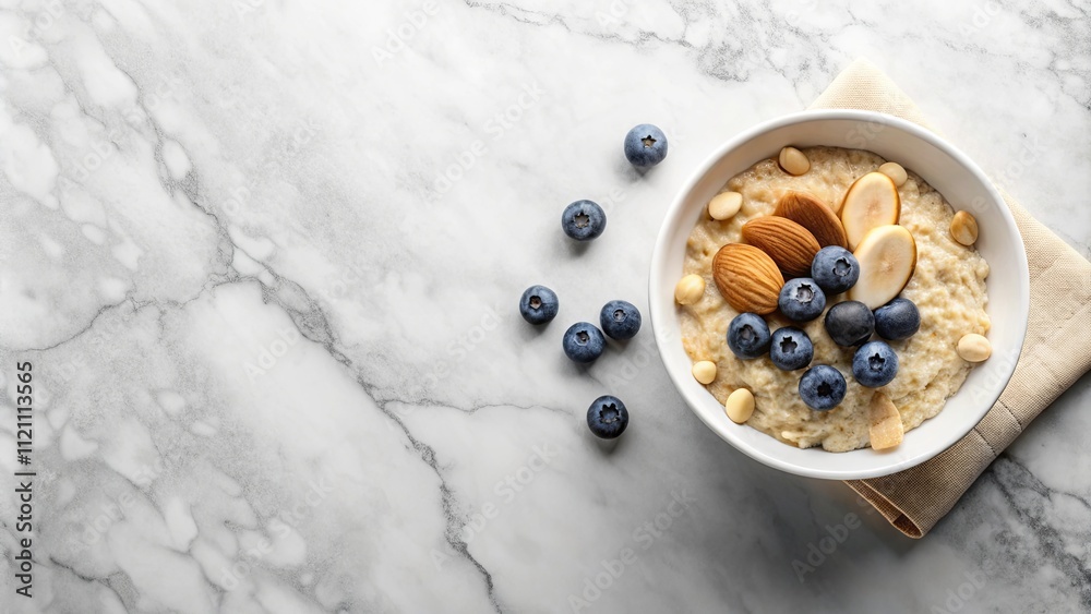 A delicious and healthy breakfast bowl of oatmeal topped with blueberries, almonds, and macadamia nuts, served on a marble surface A delicious and healthy breakfast bowl of oatmeal topped with blueberries, almonds, and macadamia nuts, served on a marble surface