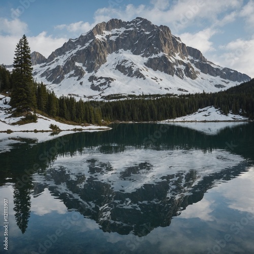 A snow-capped mountain reflected perfectly in a serene alpine lake.

