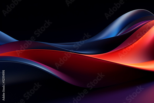 3D render of abstract, smooth, and flowing red and orange waves with a gradient of blue highlights.