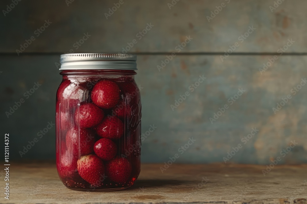 Mason jar filled with preserved strawberries, sits on rustic wood. Perfect for food blogs, recipes, or preserving themes. Mason jar filled with preserved strawberries, sits on rustic wood. Perfect for food blogs, recipes, or preserving themes.