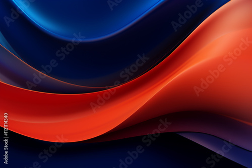 3D render of abstract, smooth, and flowing red and orange waves with a gradient of blue highlights.