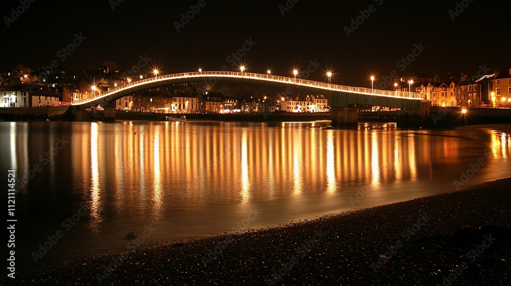 Illuminated bridge at night reflecting on calm water. Illuminated bridge at night reflecting on calm water.