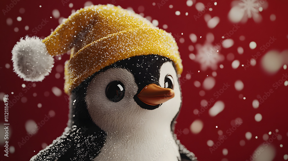 Enchanting Animated Penguin With Christmas Spirit in Yellow Hat Against a Merry Red Background Enchanting Animated Penguin With Christmas Spirit in Yellow Hat Against a Merry Red Background