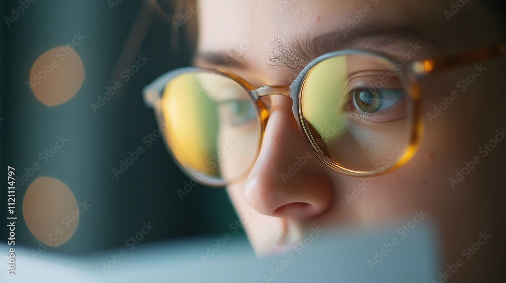 Young woman in glasses reading a book with soft light illuminating their face in a cozy indoor space Young woman in glasses reading a book with soft light illuminating their face in a cozy indoor space