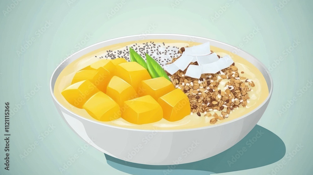 A bowl of creamy dessert topped with mango, coconut, seeds, and granola. A bowl of creamy dessert topped with mango, coconut, seeds, and granola.