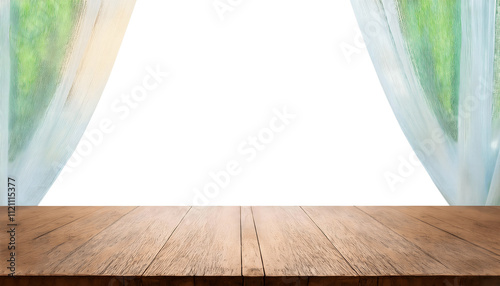 Serene Wooden Table with Open Curtains and Nature View