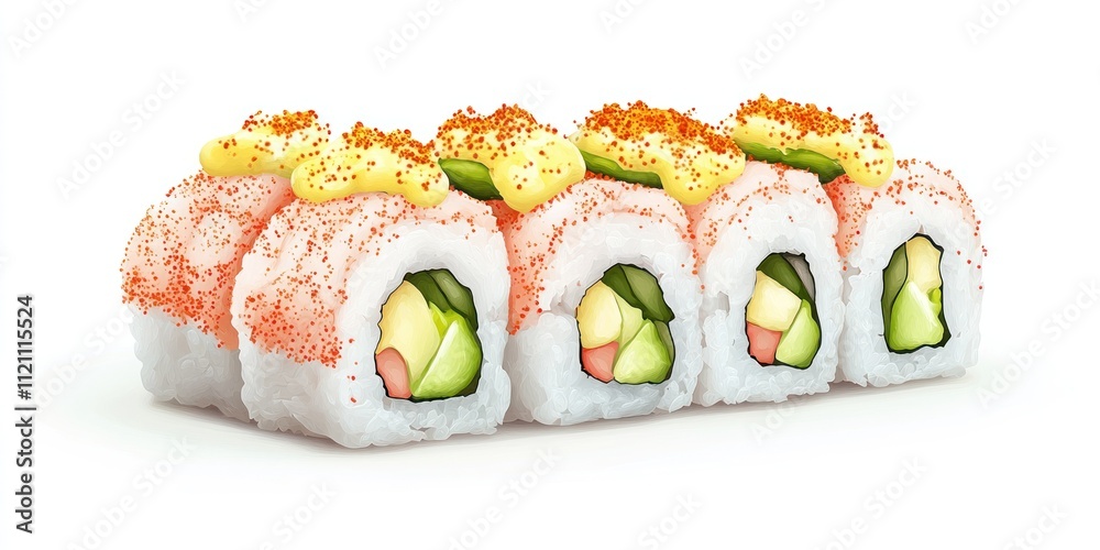 A colorful sushi roll with avocado, crab, and spicy mayo topping. A colorful sushi roll with avocado, crab, and spicy mayo topping.