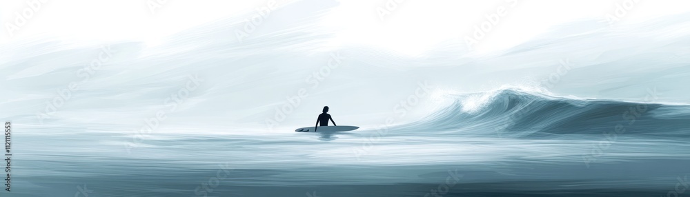 A lone surfer rides a wave in a serene, minimalist ocean landscape. A lone surfer rides a wave in a serene, minimalist ocean landscape.